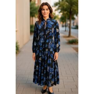 Pinch NWT Maxi Dress  S LG Tiered Ruffled Lined Women's Peasant Sleeve Butterfly